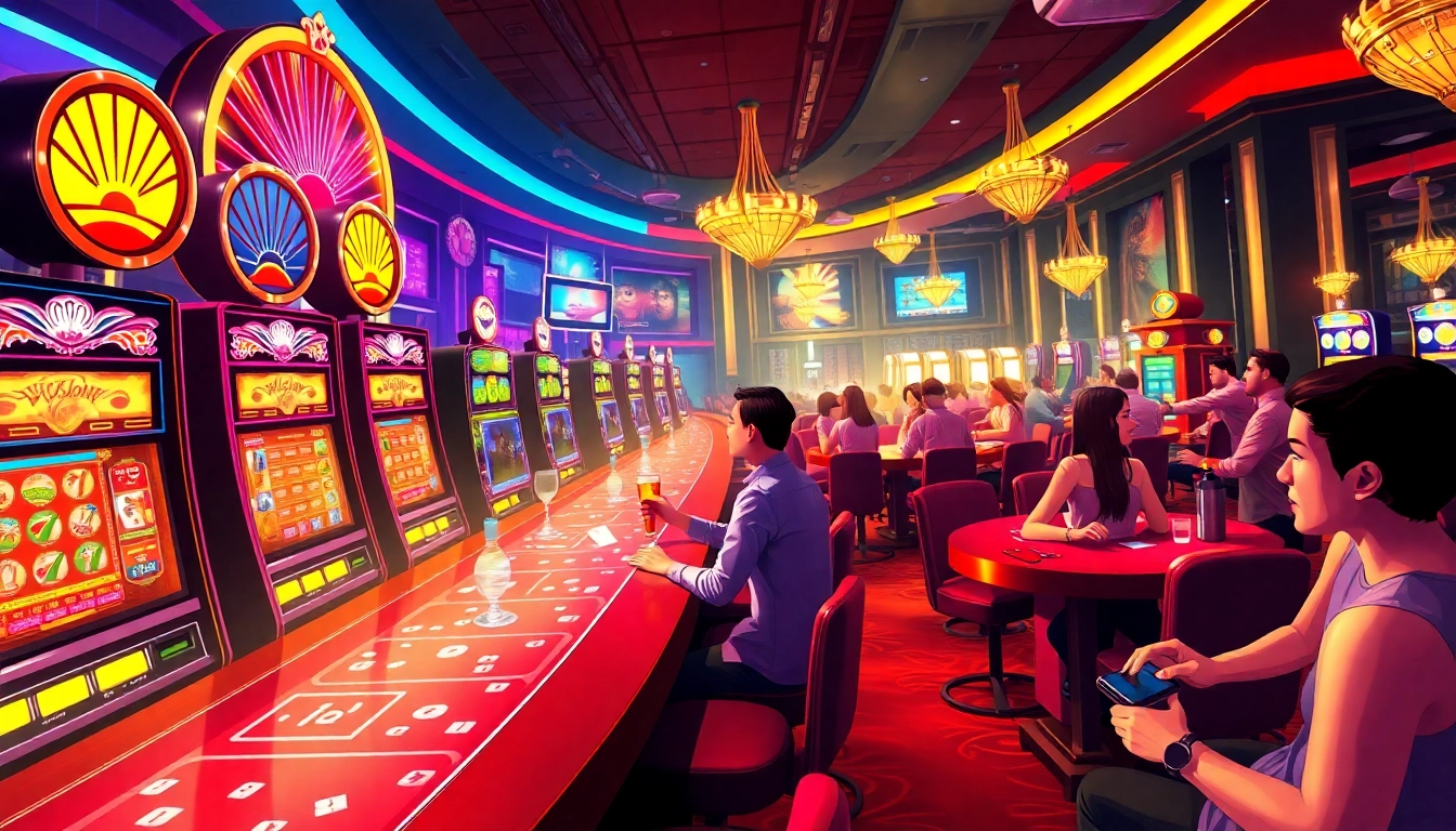 Experience thrilling gaming at lazywin888's vibrant casino lounge filled with excitement and colorful decor.