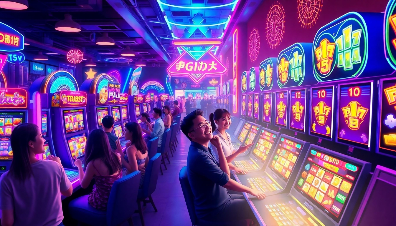 Experience the thrill of สล็อต pg เว็บตรง with players engaged in an exciting gaming atmosphere featuring vibrant slot machines.