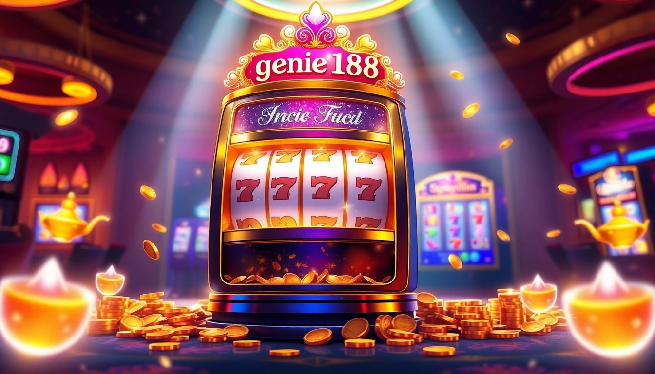 Celebrate the excitement of genie168 with a captivating slot machine surrounded by glimmering coins and lights.