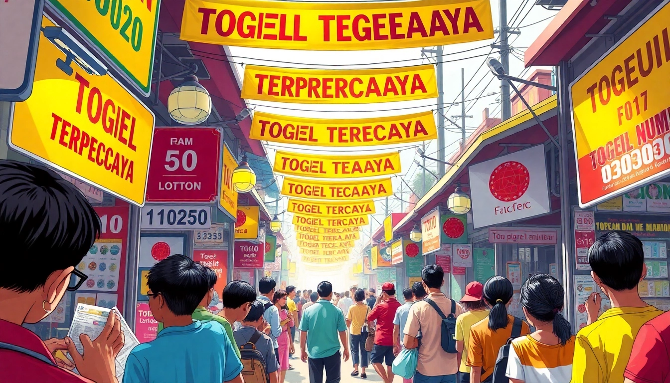 Excited people at a bustling Togel market showcasing TOGEL TERPERCAYA lottery tickets.