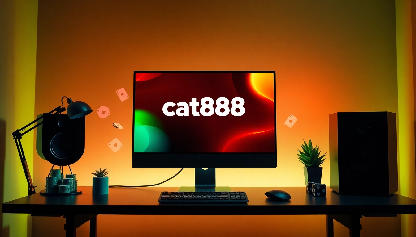 Engaging cat888 online betting experience with modern computer setup and casino elements.