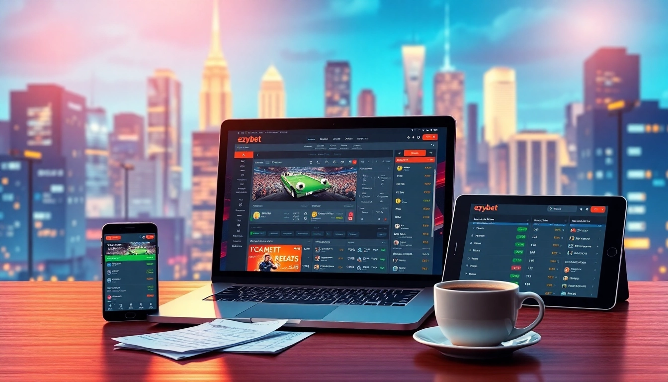 Explore ezybet's vibrant online betting atmosphere featuring modern devices in a dynamic city setting.