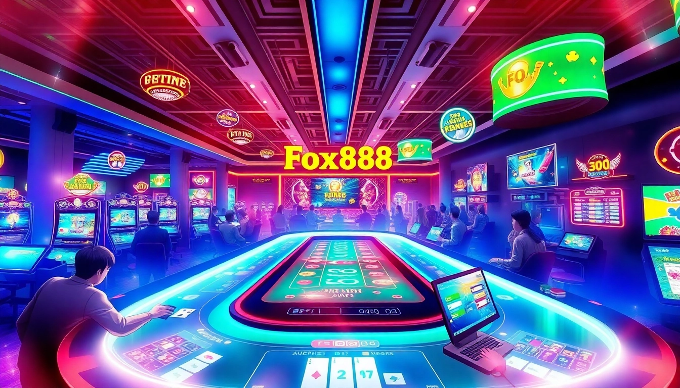 Experience the thrilling gaming world of fox888 with vibrant casino tables and enthusiastic players.