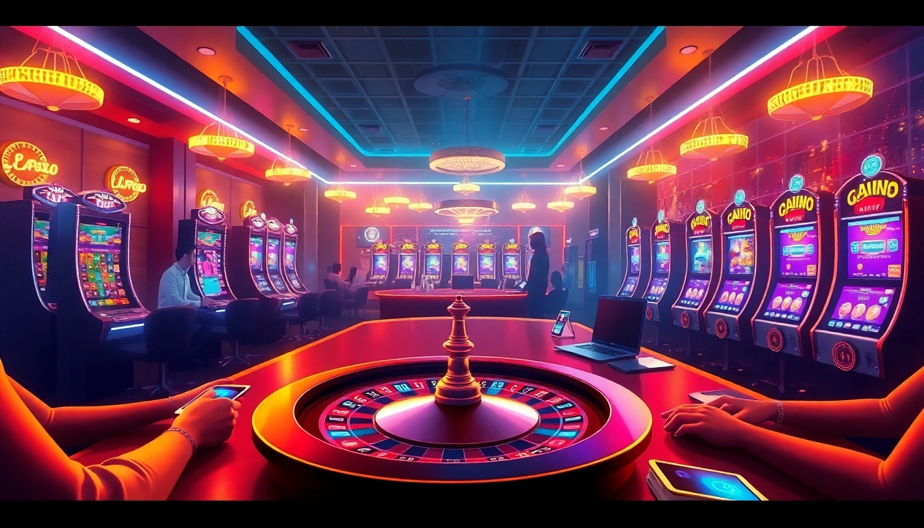 Experience a lively casino atmosphere at ausvegas.xyz/ with vibrant gaming scenes and neon lights.