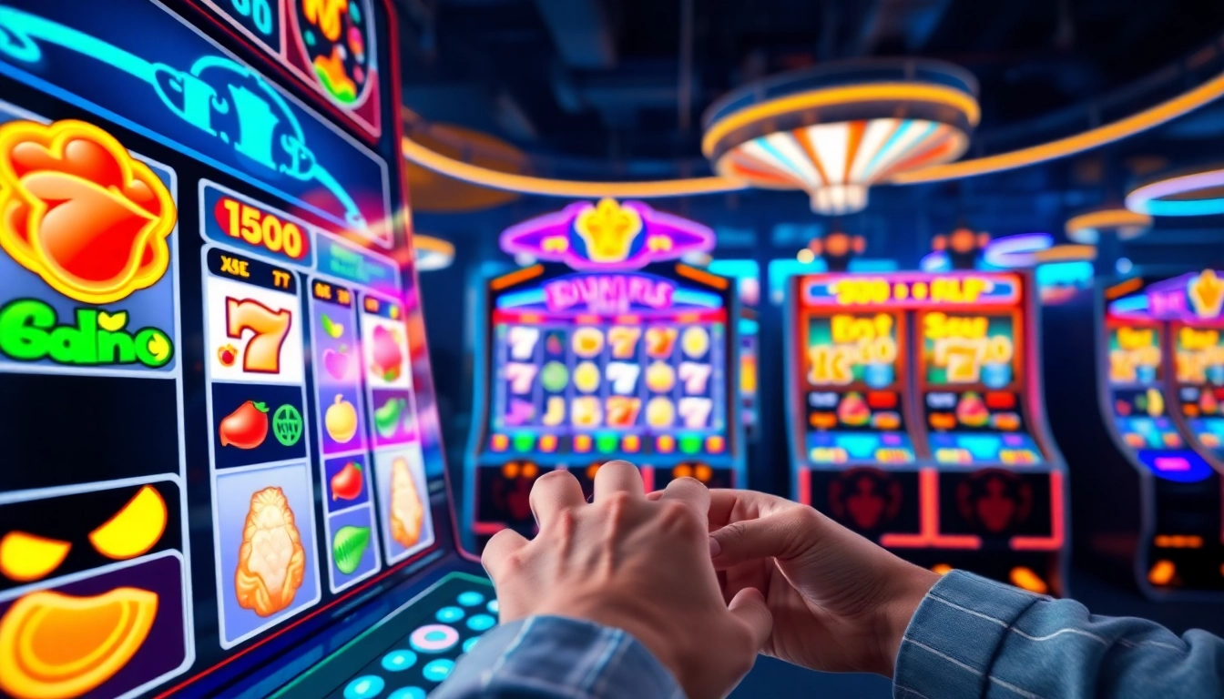 ทดลองเล่นสล็อต fun with colorful slot machines in a vibrant virtual casino setting.