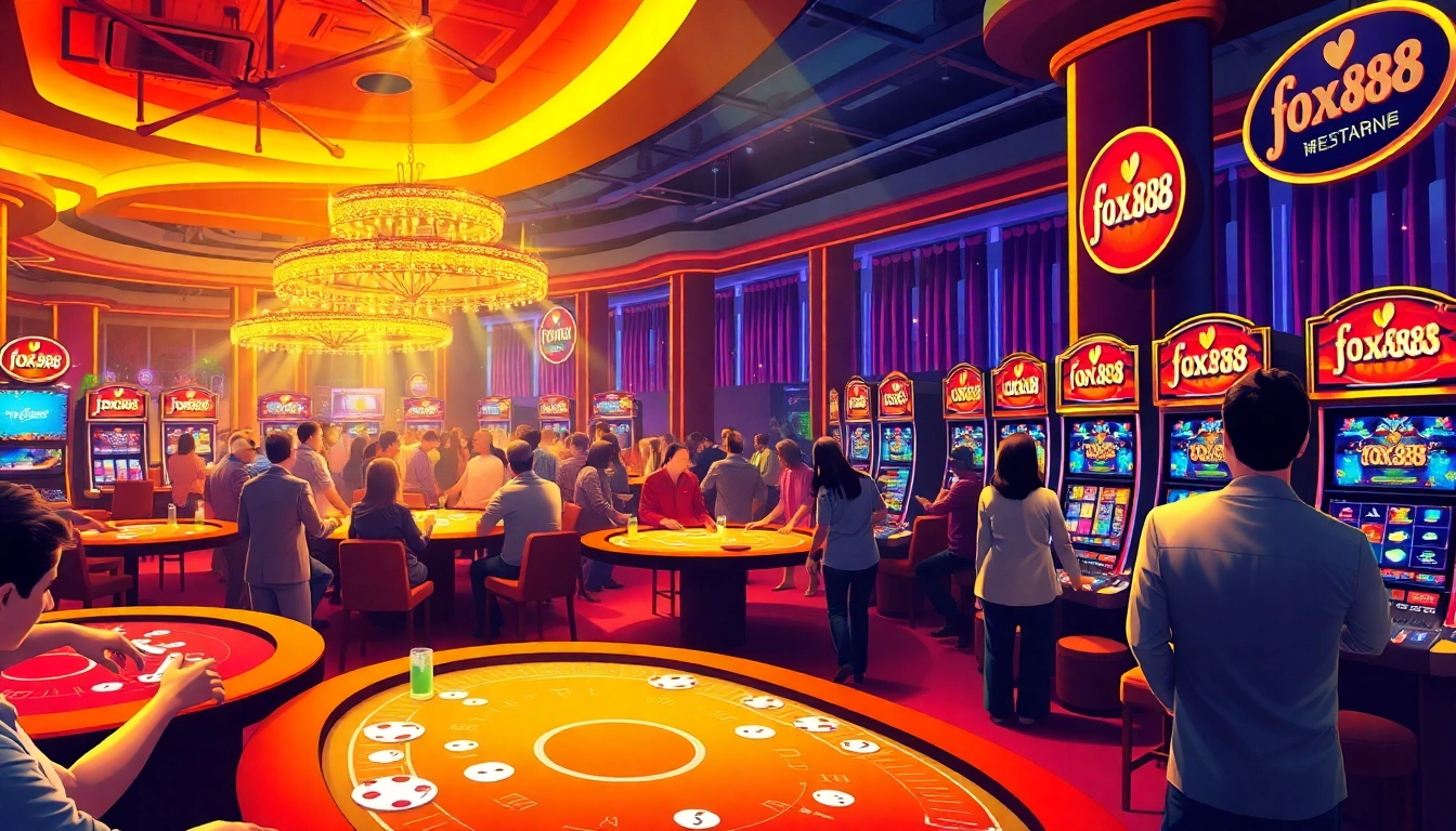 Experience the thrilling atmosphere of fox888's vibrant gambling scene filled with colorful tables and excited players.