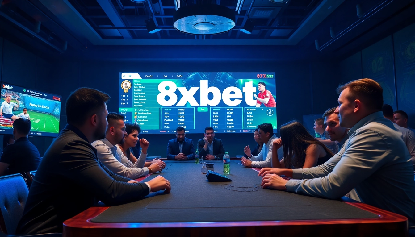 Engaged bettors at an exciting 8xbet sports betting table with dynamic displays.