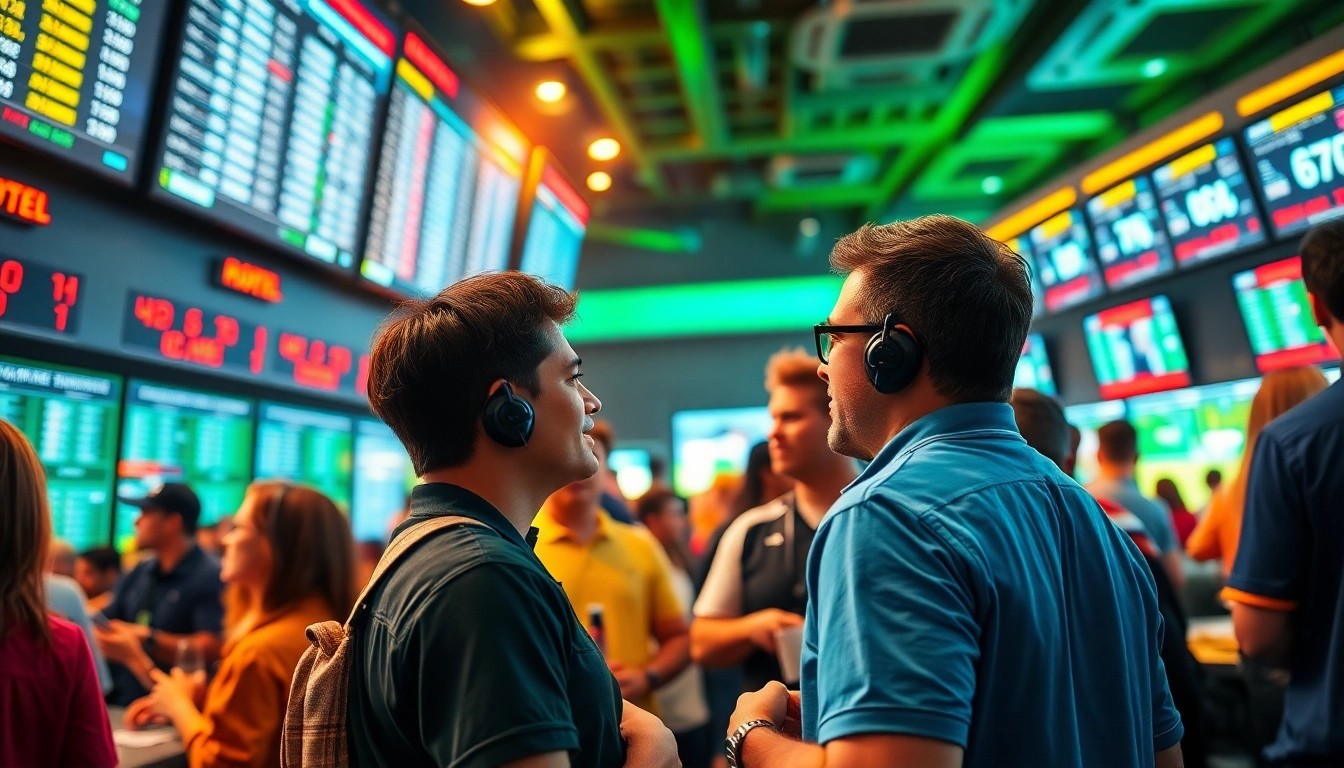 Engaging sports betting scene depicting eager fans at https://nohu90ab.com/the-thao-nohu90/ celebrating their wins.