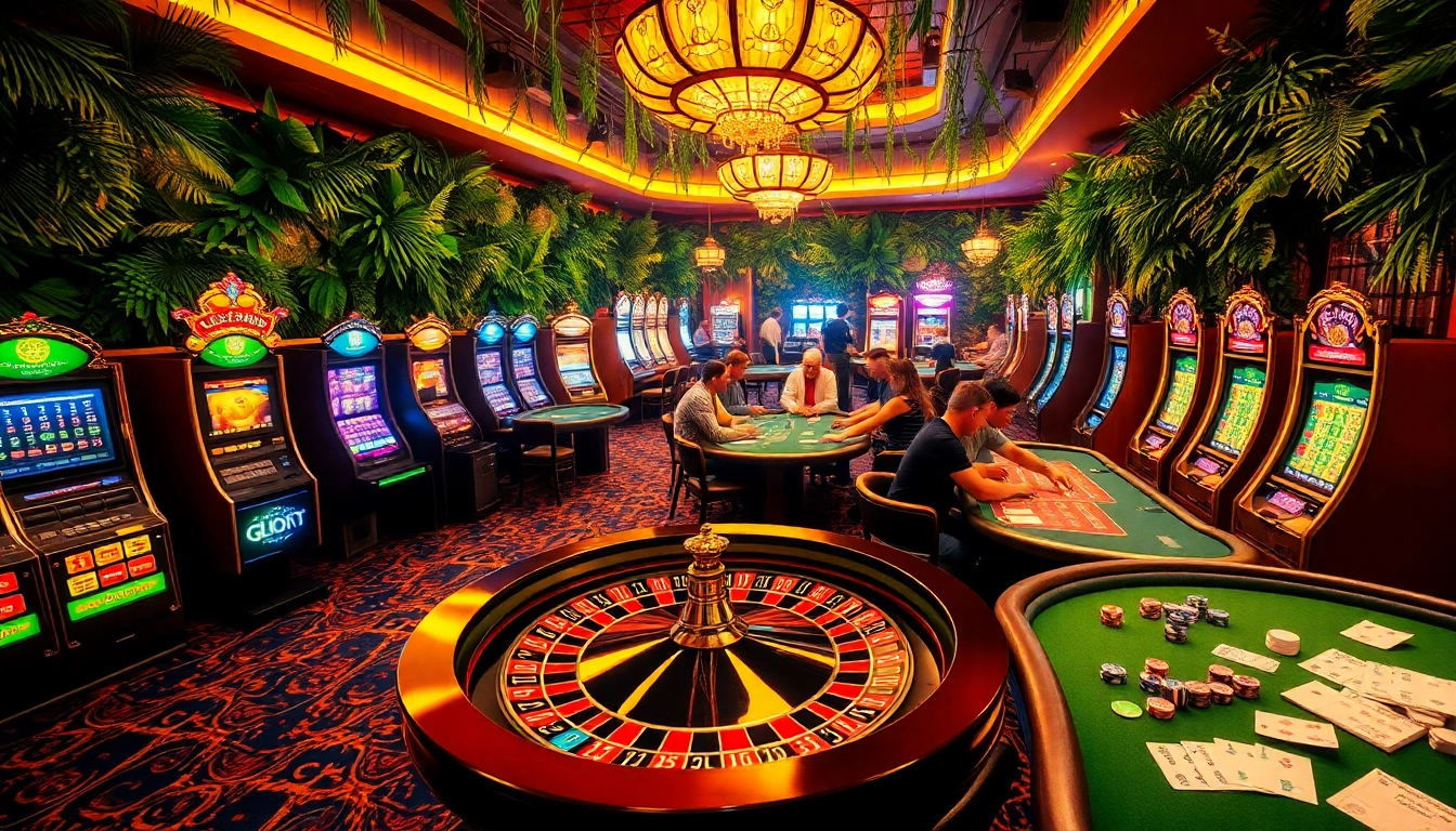 Lucky Jungle Casino features vibrant slot machines and bustling gaming tables, evoking excitement and thrill.