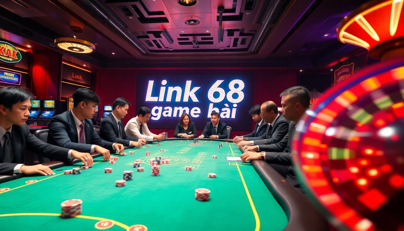 Gamblers enjoying a poker game at a casino, featuring the neon "Link 68 game bài" banner for an immersive experience.