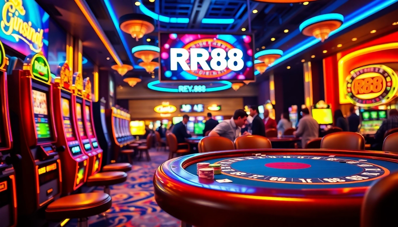 RR88-themed casino scene with poker games, slot machines, and roulette, capturing the excitement of gambling action.