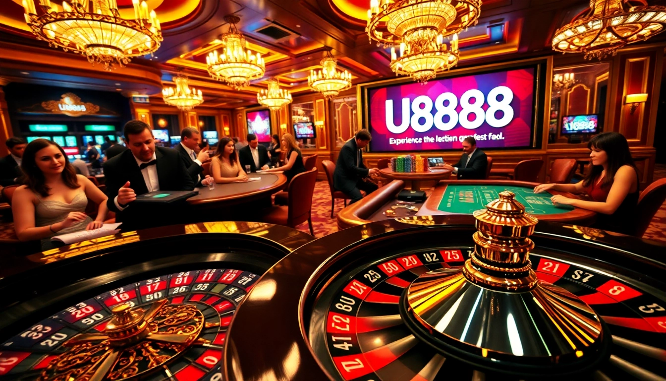 U8888 roulette wheel spinning amidst a bustling casino, capturing the thrill and excitement of gambling.