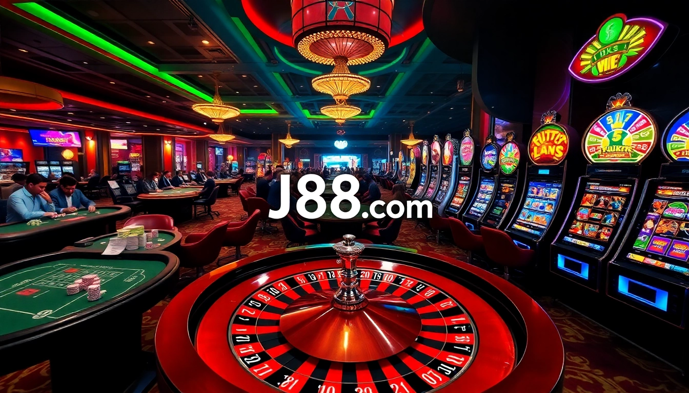 Experience the thrilling atmosphere of J88.com 9 at a bustling casino featuring roulette, poker, and slot games.