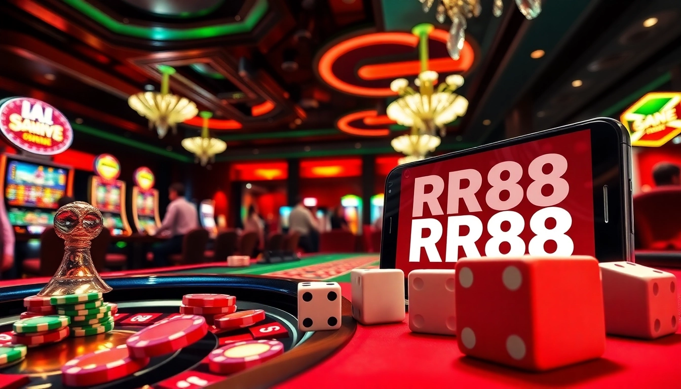 RR88 casino table with poker chips and glowing slot machines, capturing the excitement of betting.