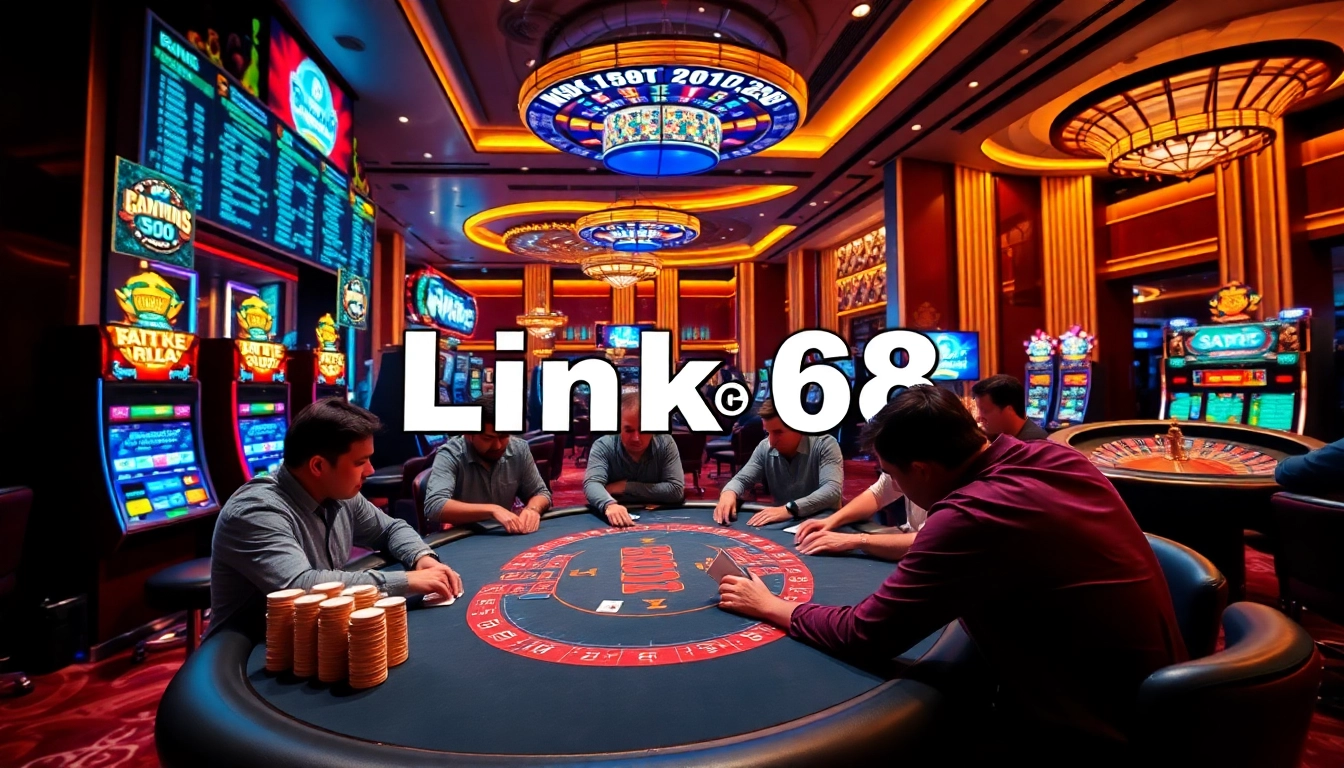 Exciting scene of players at a casino table enjoying Link 68 game bài games with poker chips and cards.