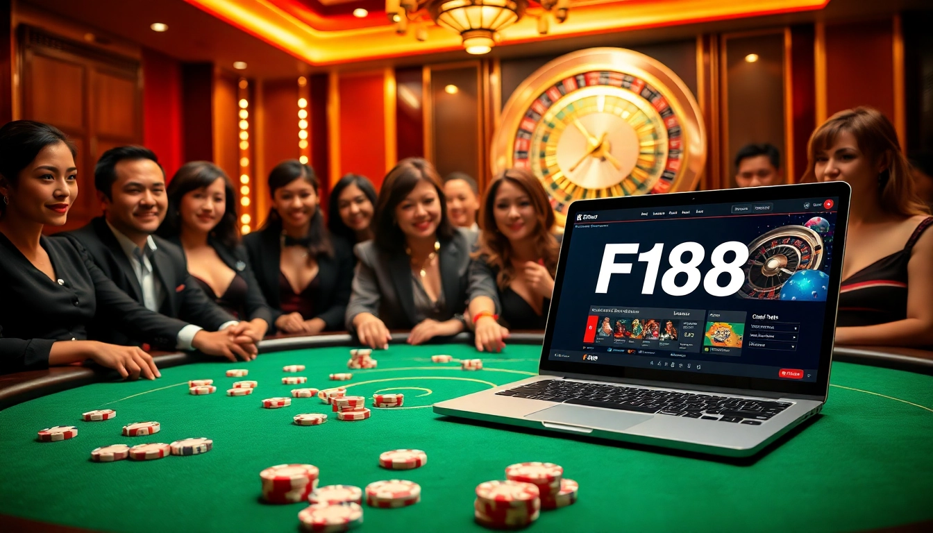 The thrilling ambience of a casino showcasing thương hiệu F168 at an elegant poker table with players, enhancing the online gambling experience.