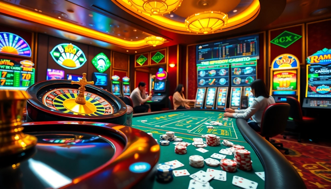 Experience the thrill of game bài đổi thưởng at our online casino with illuminated tables and energetic players.