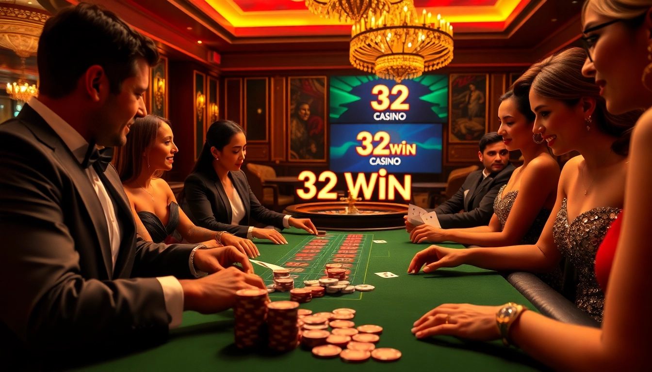 High-stakes blackjack players celebrating a big win at 32 Win Casino, showcasing excitement and chips.