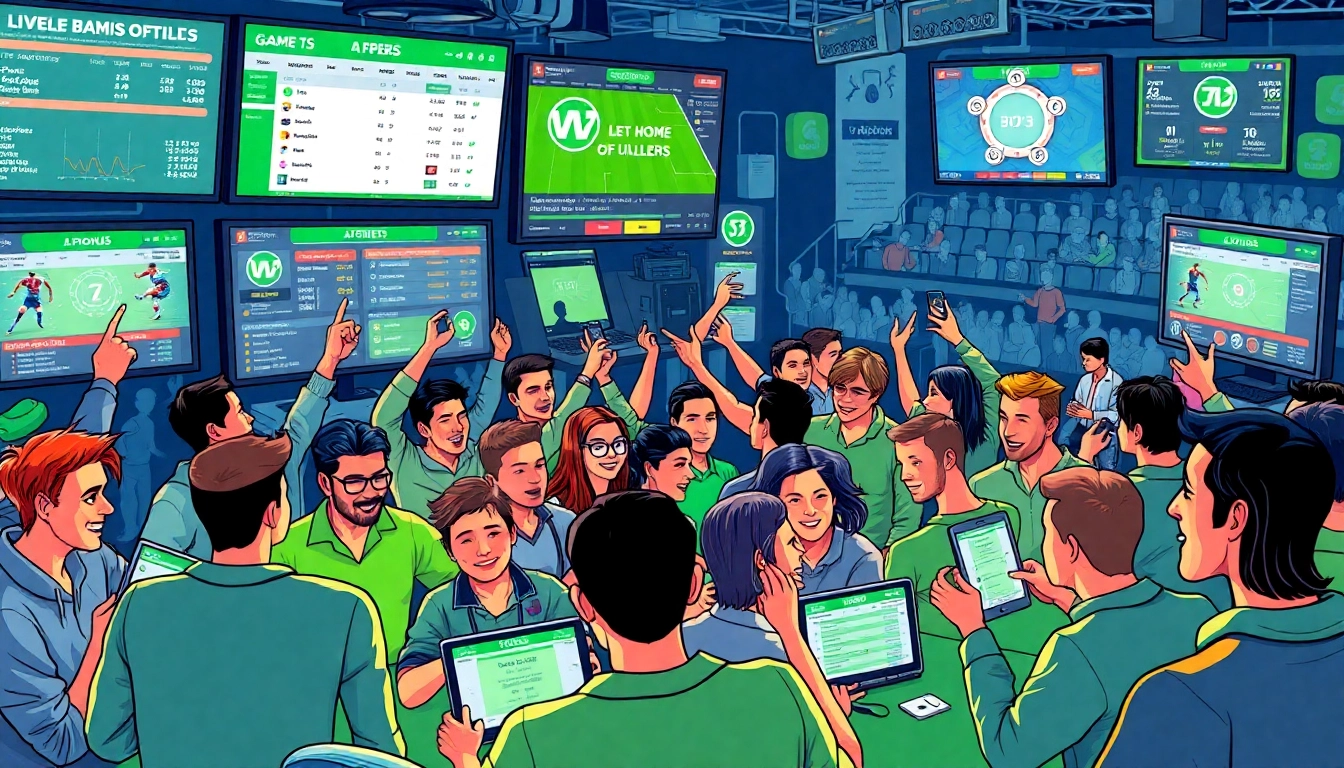 Visualize the bustling world of güvenilir bahis siteleri with diverse users engaging around digital betting screens.
