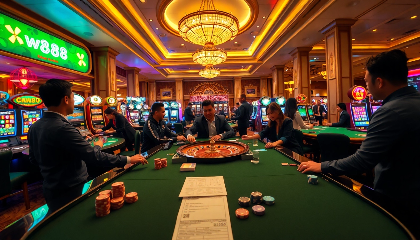 WW88 casino scene showing players enjoying roulette and slot machines.