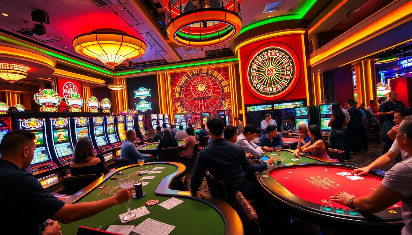 Engaging casino scene at RR88 with players at poker and vibrant slot machines.