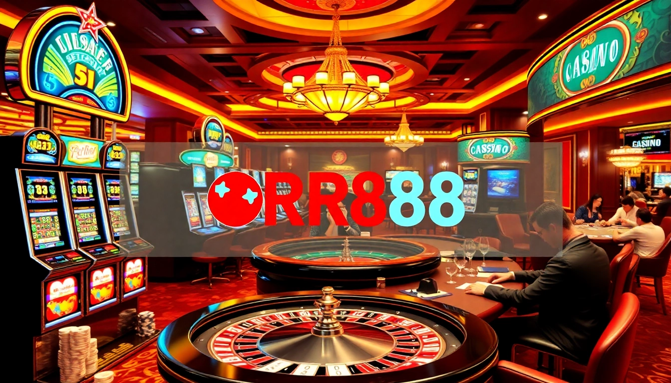 Experience the excitement of RR88 at a vibrant casino scene featuring players at slot machines and poker tables.