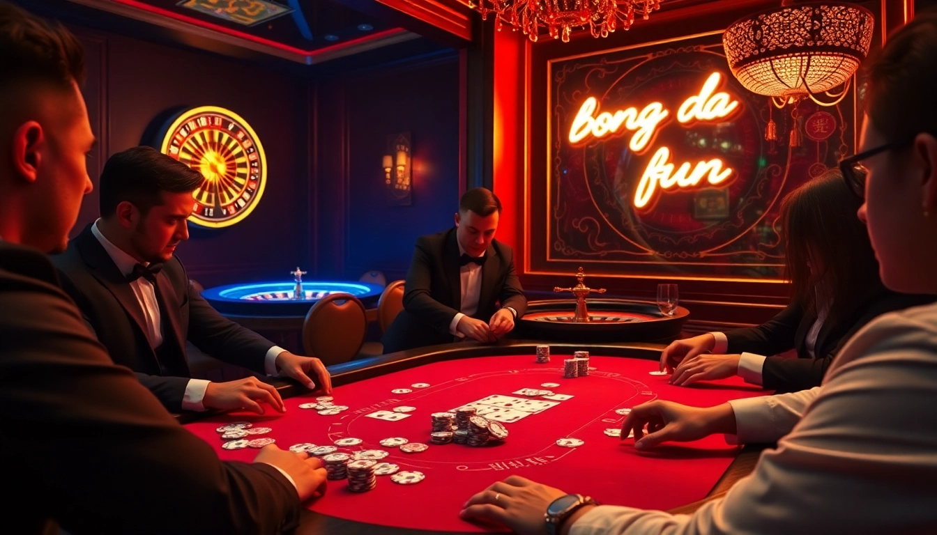 Experience the thrill of baccarat at 'bong da lu fun', featuring engaged players and glowing table settings.