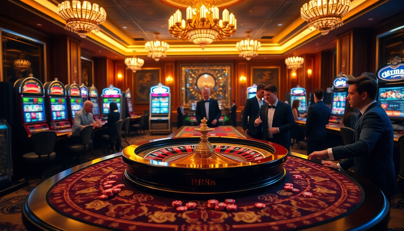 RR88 offers a luxurious casino experience with an ornate roulette table and engaged players.