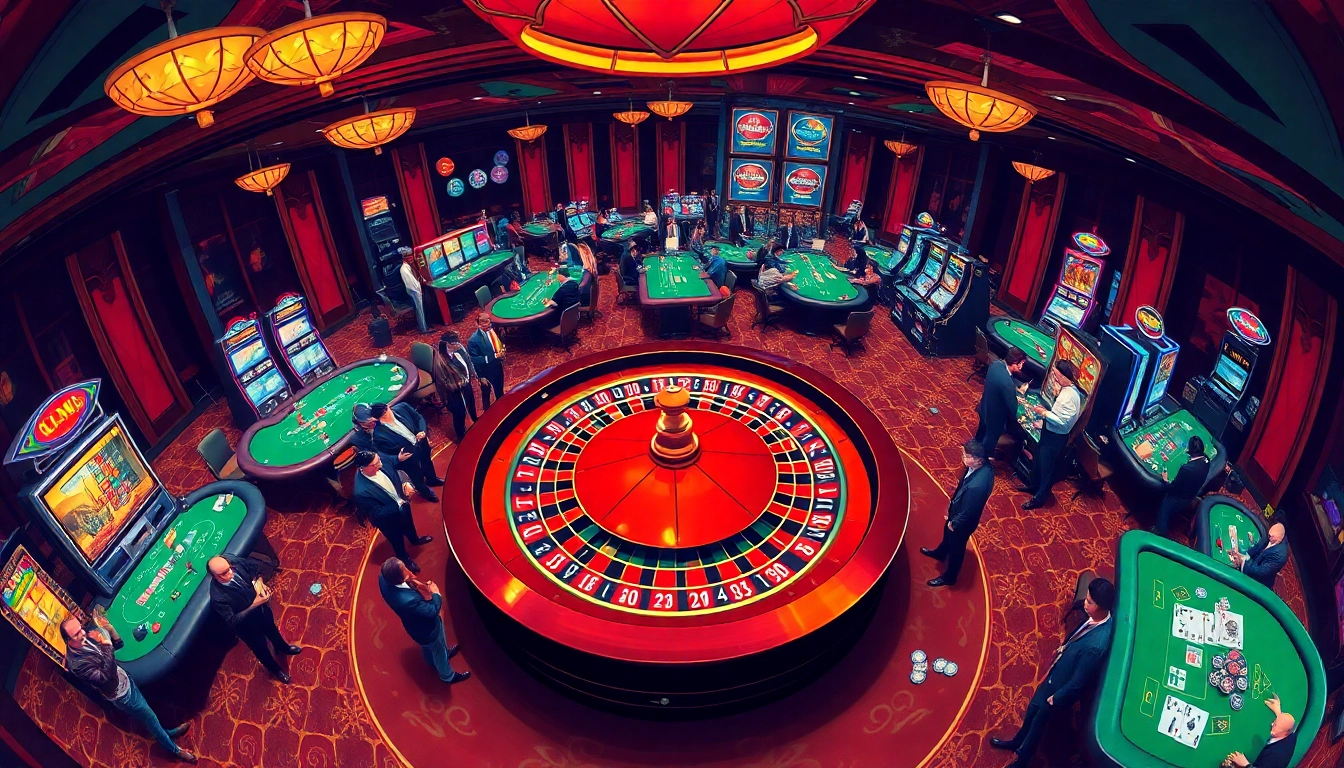 Exciting view of a busy casino showcasing Nhà cái uy tín with players at roulette, poker tables, and vibrant slot machines.