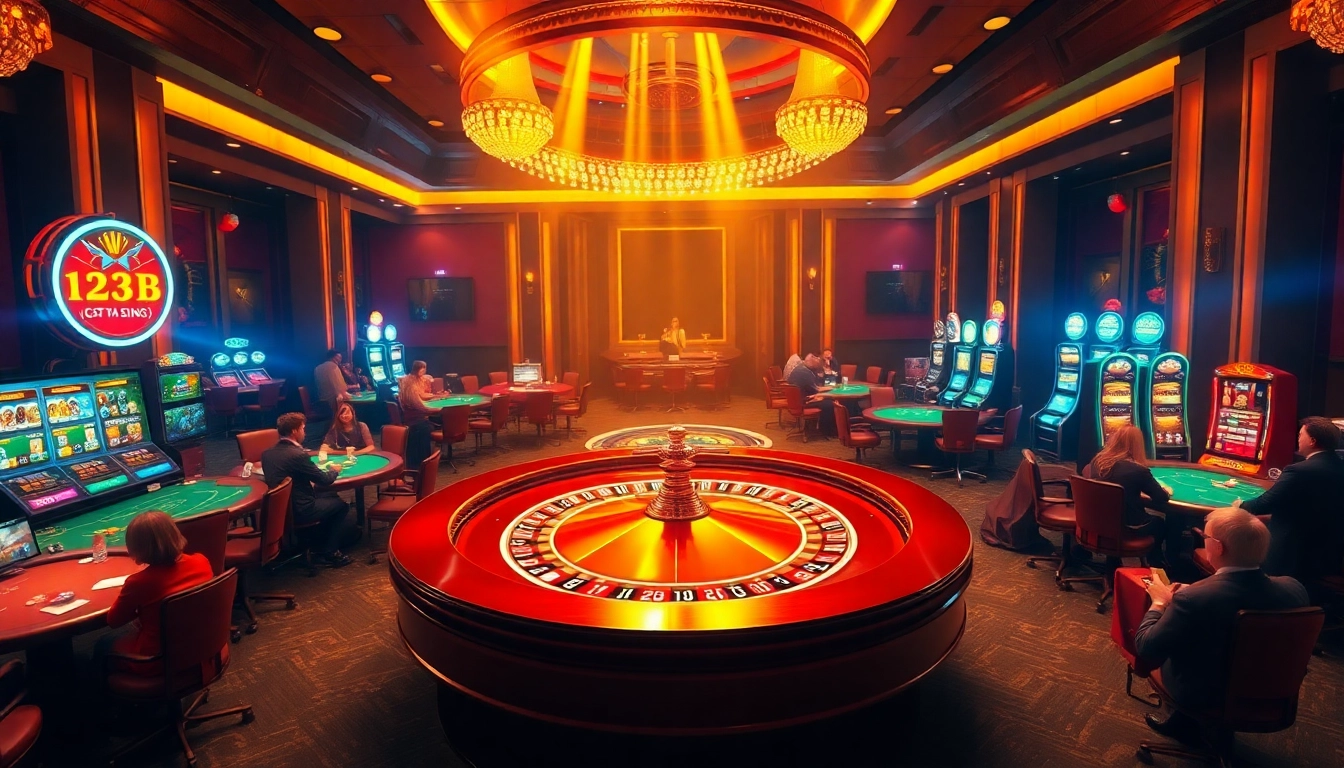 Experience the thrill of gambling with 123B Đăng nhập, showcasing a vibrant gambling scene with roulette tables and excited players.
