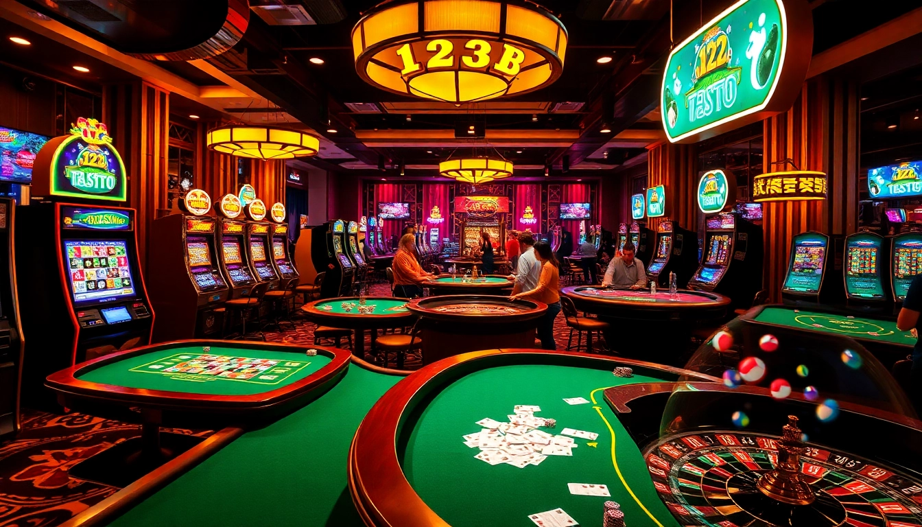 Experience the thrill of the 123B casino with vibrant slot machines and card games bustling in excitement.