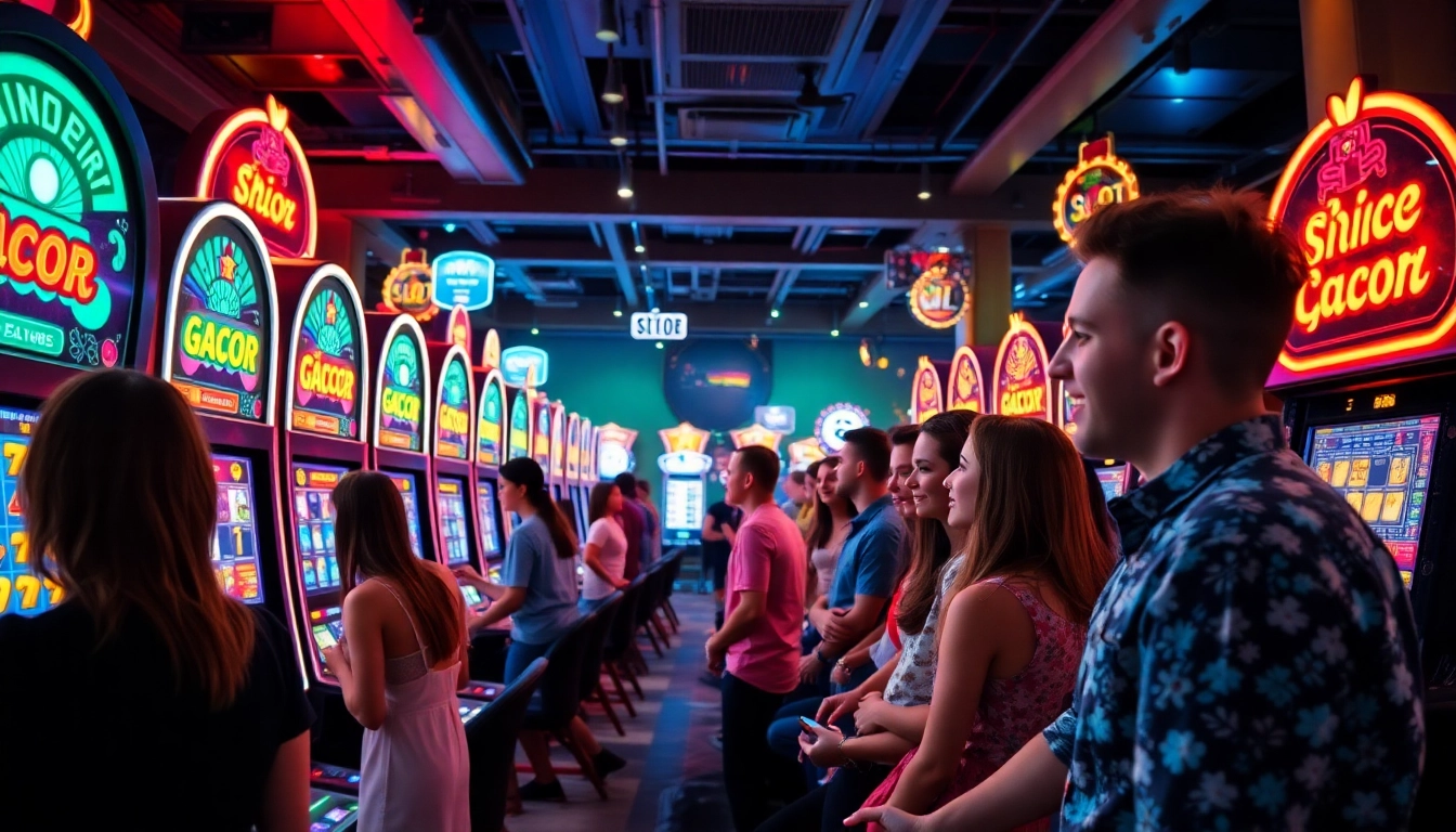 Players enjoying the excitement of Slot Gacor machines in a vibrant online casino setting.