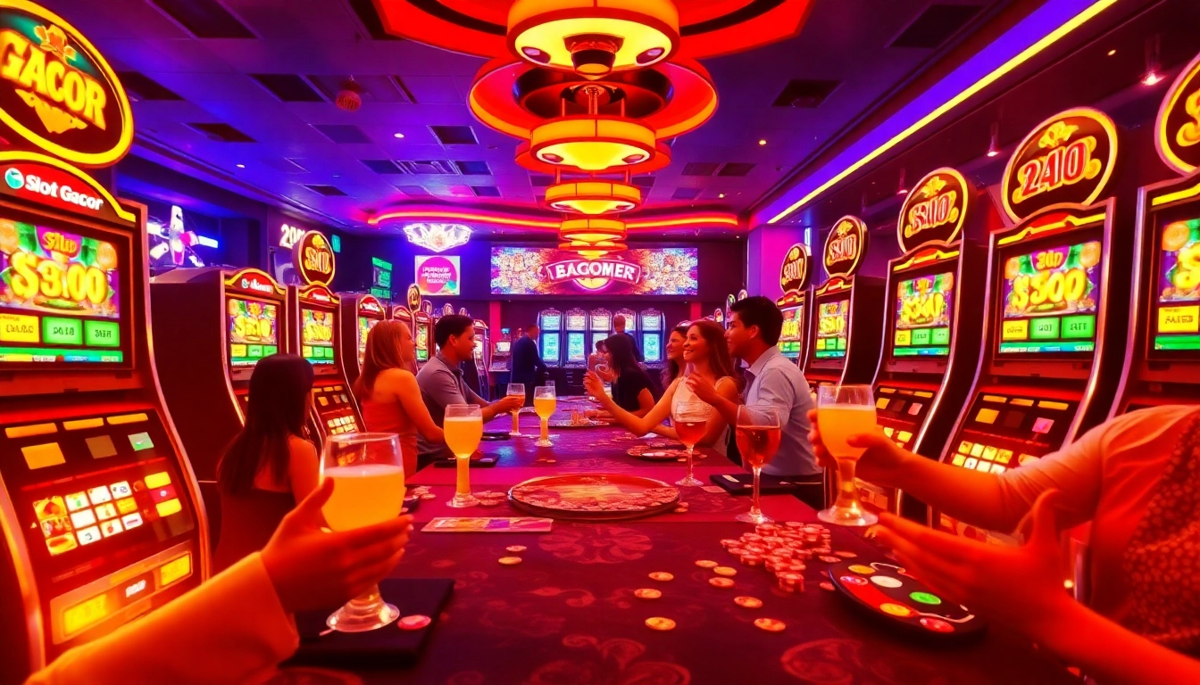 Excited players enjoying the “Slot Gacor” experience, showcasing vibrant machines.