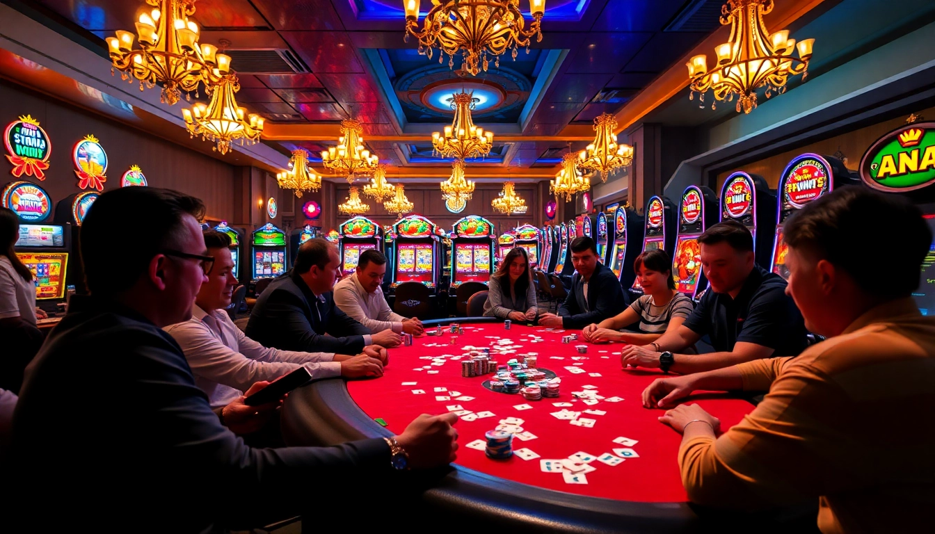 Players enjoying a vibrant poker game at https://bet88vn.locker/, surrounded by colorful chips and bright slot machines.