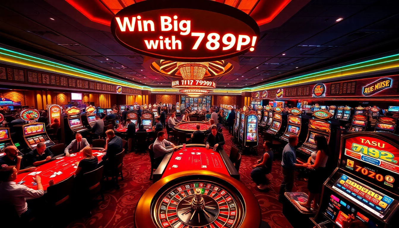 Feel the thrill of gambling at 789P with players at a high-stakes poker table and vibrant slot machines.