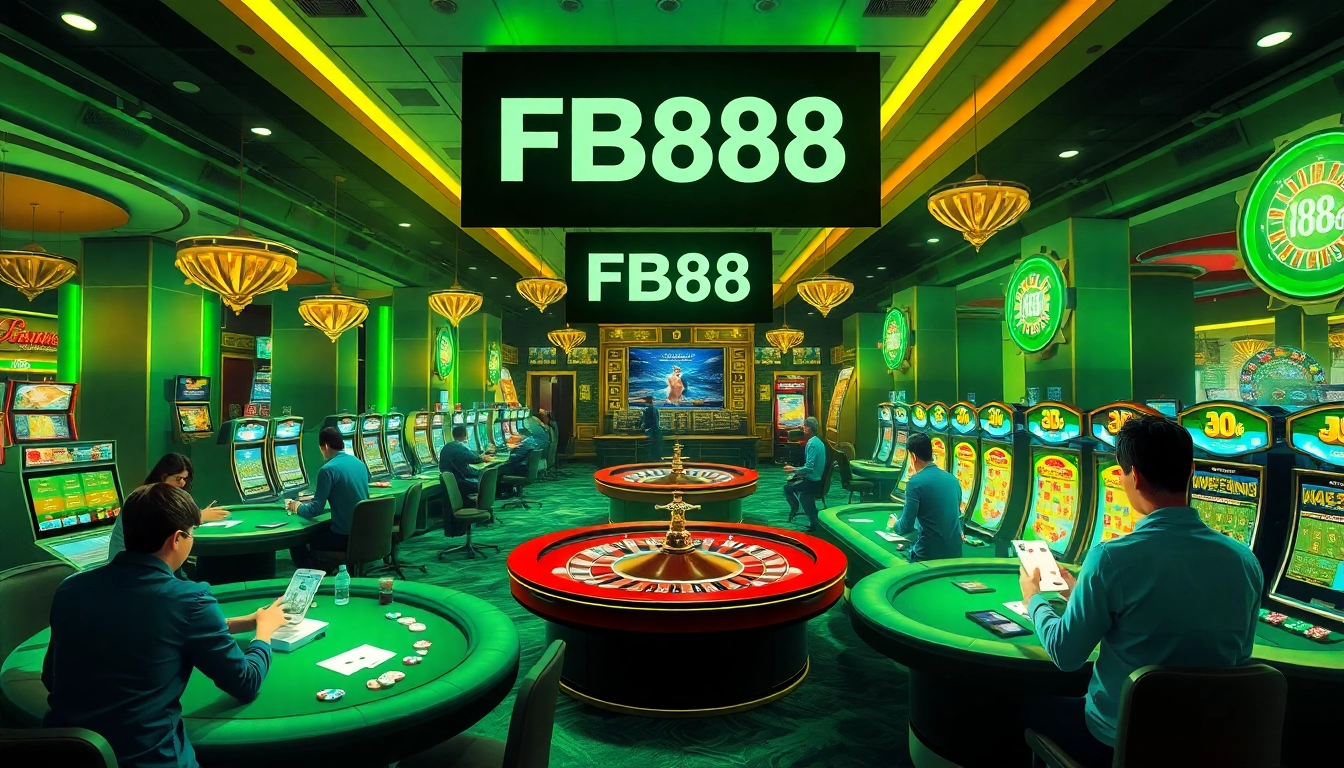 Experience the thrill of FB88 as players enjoy poker and slots in a vibrant casino.