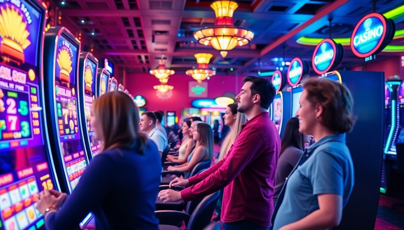 Explore the vibrant online casino experience at https://casinoscore.net/ with players enjoying colorful slot machines.